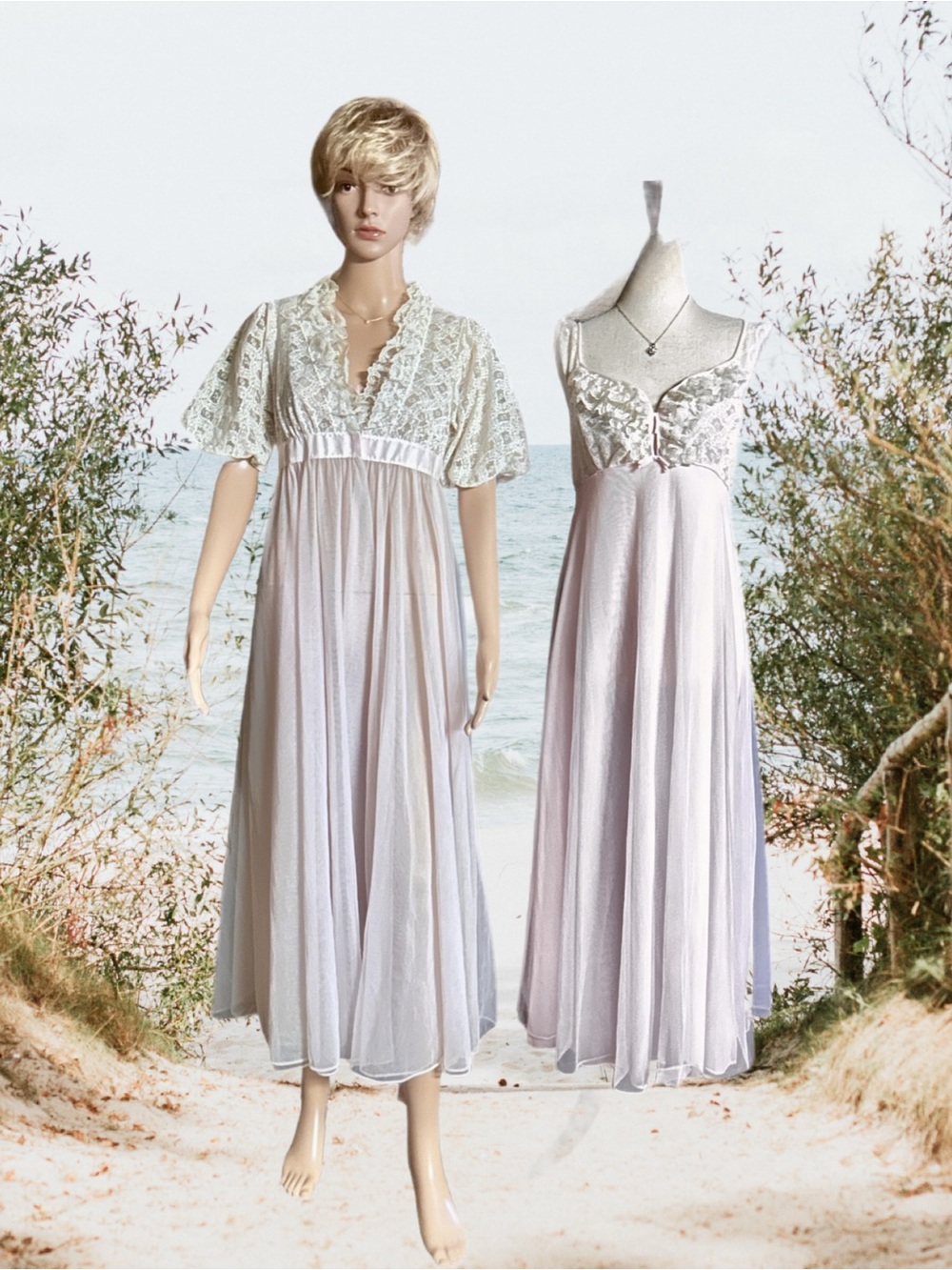 Radcliffe ~ Vintage (70’s) ~ Small ~ Pink W/ White Lace ~ Robe & Nightgown Set